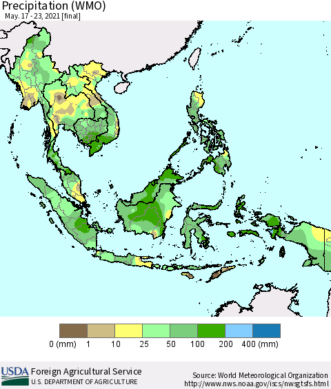 South East Asia Precipitation (WMO) Thematic Map For 5/17/2021 - 5/23/2021
