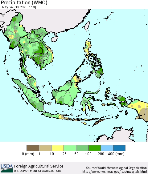 South East Asia Precipitation (WMO) Thematic Map For 5/24/2021 - 5/30/2021