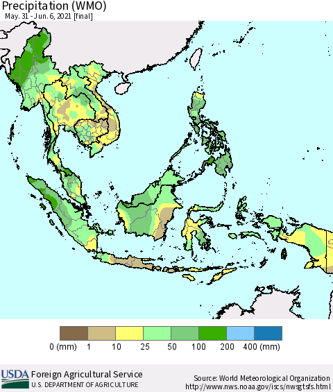 South East Asia Precipitation (WMO) Thematic Map For 5/31/2021 - 6/6/2021