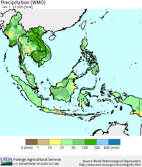 South East Asia Precipitation (WMO) Thematic Map For 6/7/2021 - 6/13/2021