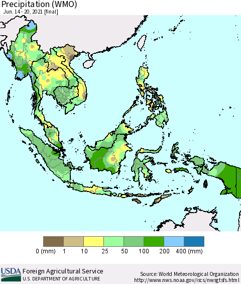 South East Asia Precipitation (WMO) Thematic Map For 6/14/2021 - 6/20/2021
