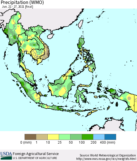 South East Asia Precipitation (WMO) Thematic Map For 6/21/2021 - 6/27/2021