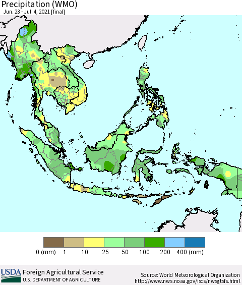 South East Asia Precipitation (WMO) Thematic Map For 6/28/2021 - 7/4/2021