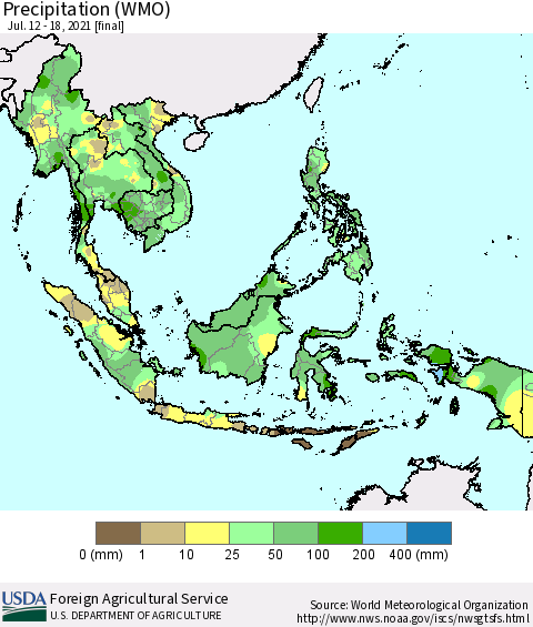 South East Asia Precipitation (WMO) Thematic Map For 7/12/2021 - 7/18/2021