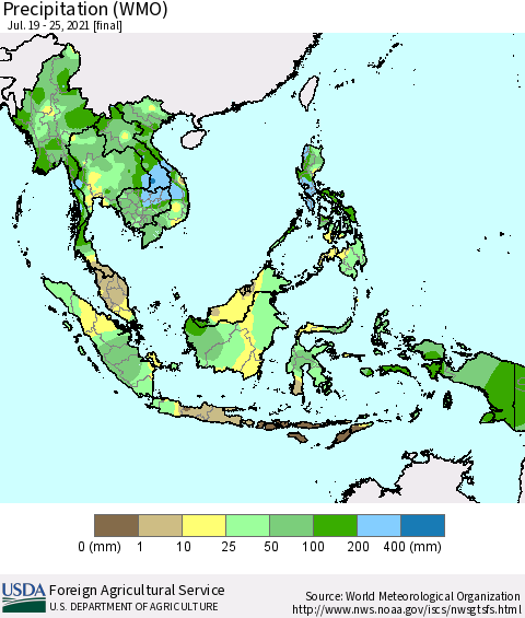 South East Asia Precipitation (WMO) Thematic Map For 7/19/2021 - 7/25/2021