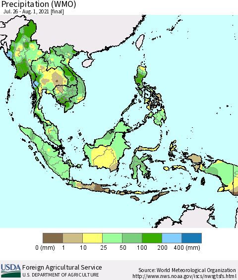 South East Asia Precipitation (WMO) Thematic Map For 7/26/2021 - 8/1/2021