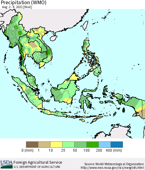 South East Asia Precipitation (WMO) Thematic Map For 8/2/2021 - 8/8/2021