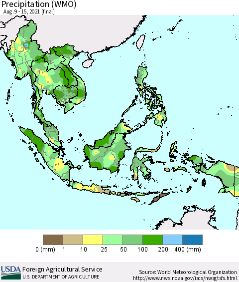 South East Asia Precipitation (WMO) Thematic Map For 8/9/2021 - 8/15/2021
