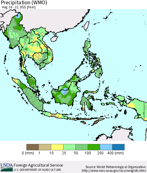 South East Asia Precipitation (WMO) Thematic Map For 8/16/2021 - 8/22/2021
