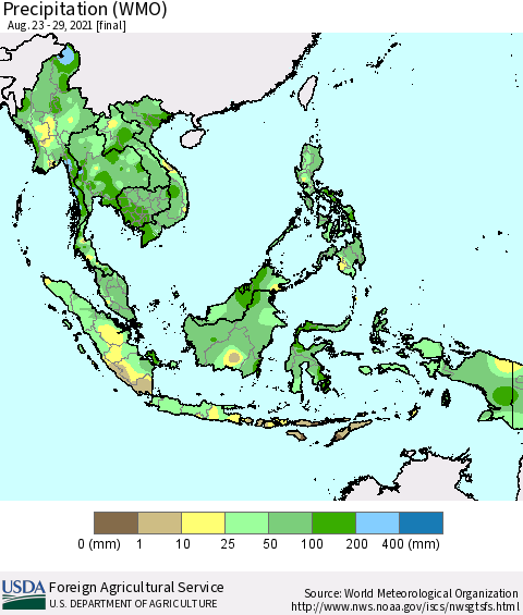 South East Asia Precipitation (WMO) Thematic Map For 8/23/2021 - 8/29/2021