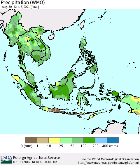 South East Asia Precipitation (WMO) Thematic Map For 8/30/2021 - 9/5/2021