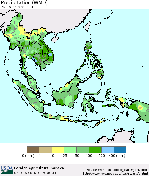 South East Asia Precipitation (WMO) Thematic Map For 9/6/2021 - 9/12/2021