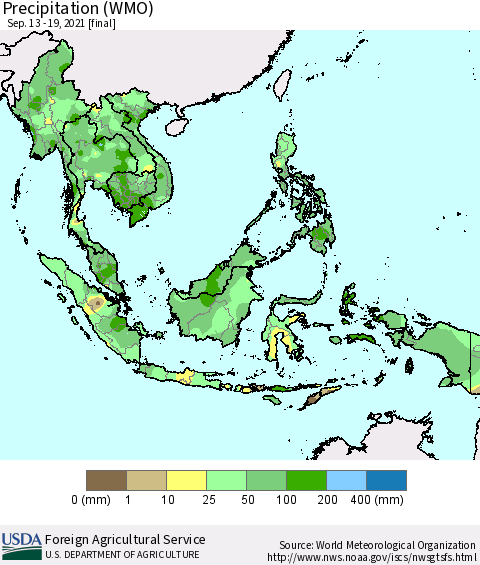 South East Asia Precipitation (WMO) Thematic Map For 9/13/2021 - 9/19/2021