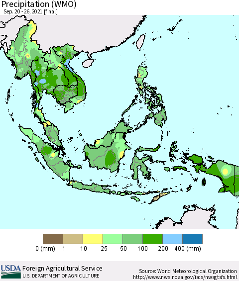 South East Asia Precipitation (WMO) Thematic Map For 9/20/2021 - 9/26/2021