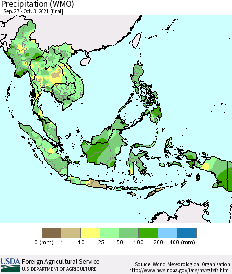 South East Asia Precipitation (WMO) Thematic Map For 9/27/2021 - 10/3/2021