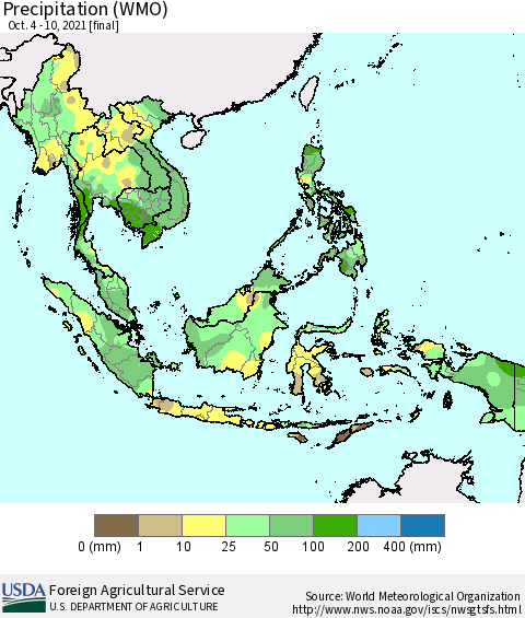 South East Asia Precipitation (WMO) Thematic Map For 10/4/2021 - 10/10/2021