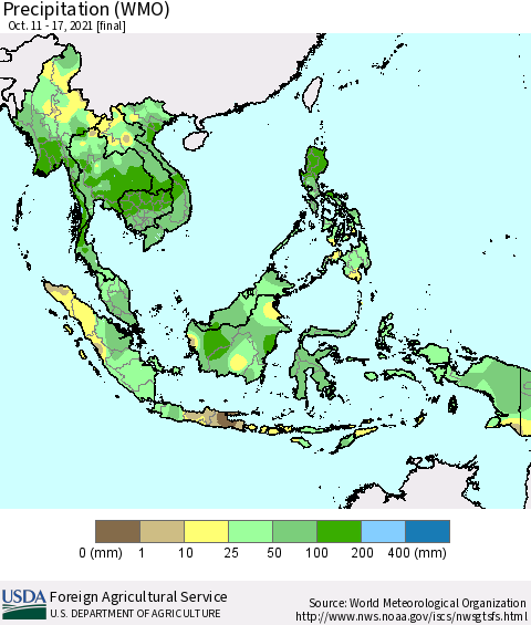 South East Asia Precipitation (WMO) Thematic Map For 10/11/2021 - 10/17/2021