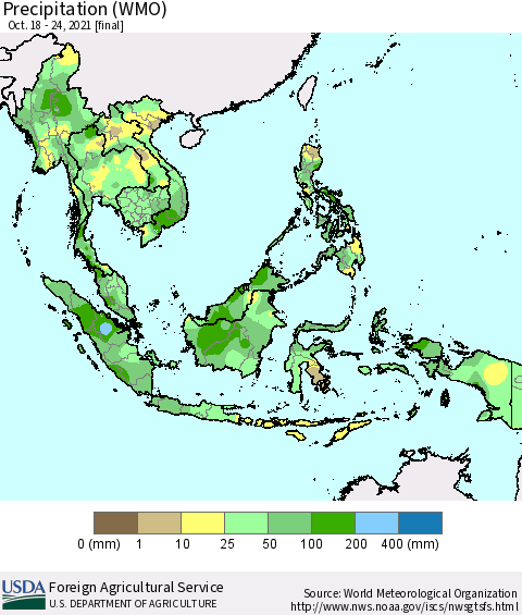 South East Asia Precipitation (WMO) Thematic Map For 10/18/2021 - 10/24/2021
