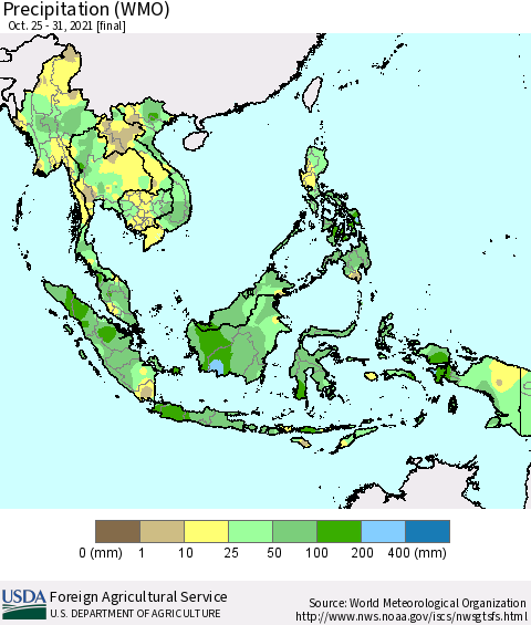 South East Asia Precipitation (WMO) Thematic Map For 10/25/2021 - 10/31/2021