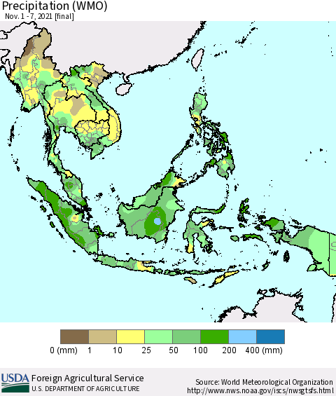 South East Asia Precipitation (WMO) Thematic Map For 11/1/2021 - 11/7/2021