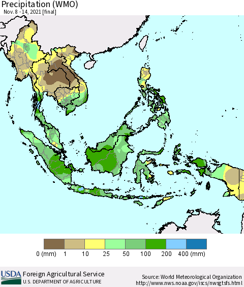 South East Asia Precipitation (WMO) Thematic Map For 11/8/2021 - 11/14/2021
