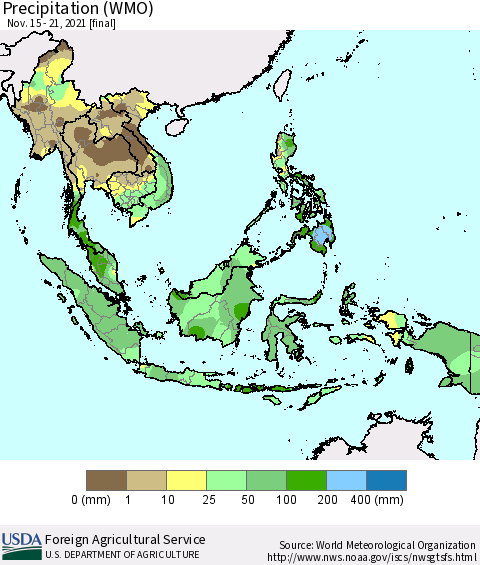 South East Asia Precipitation (WMO) Thematic Map For 11/15/2021 - 11/21/2021
