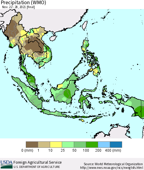 South East Asia Precipitation (WMO) Thematic Map For 11/22/2021 - 11/28/2021