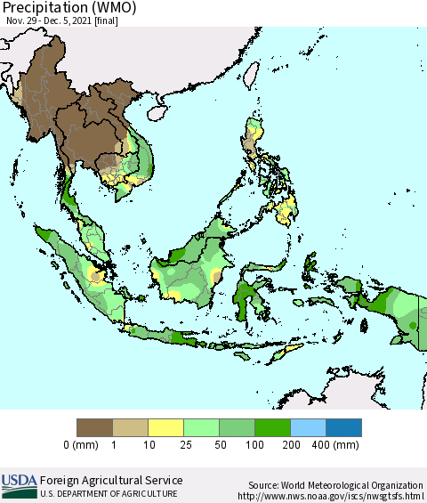 South East Asia Precipitation (WMO) Thematic Map For 11/29/2021 - 12/5/2021