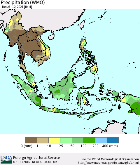 South East Asia Precipitation (WMO) Thematic Map For 12/6/2021 - 12/12/2021