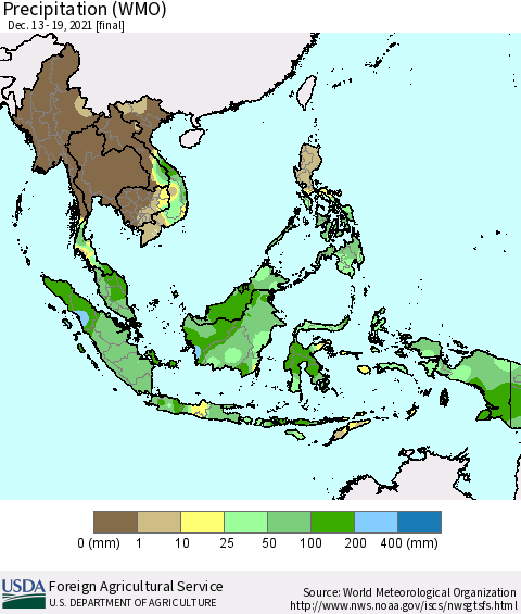 South East Asia Precipitation (WMO) Thematic Map For 12/13/2021 - 12/19/2021