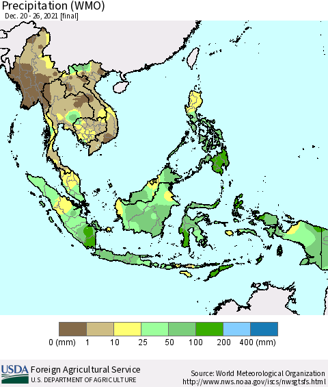 South East Asia Precipitation (WMO) Thematic Map For 12/20/2021 - 12/26/2021
