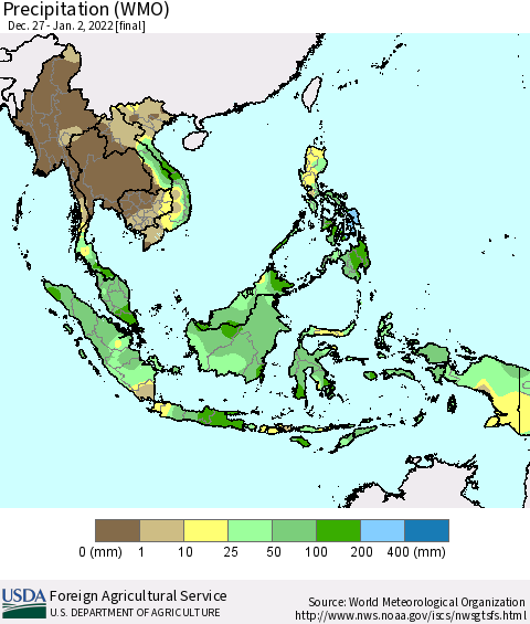 South East Asia Precipitation (WMO) Thematic Map For 12/27/2021 - 1/2/2022