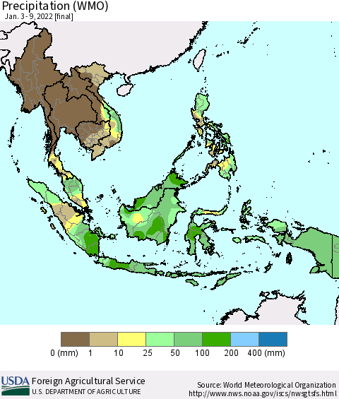 South East Asia Precipitation (WMO) Thematic Map For 1/3/2022 - 1/9/2022