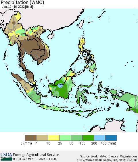 South East Asia Precipitation (WMO) Thematic Map For 1/10/2022 - 1/16/2022