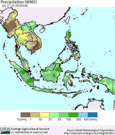South East Asia Precipitation (WMO) Thematic Map For 1/17/2022 - 1/23/2022
