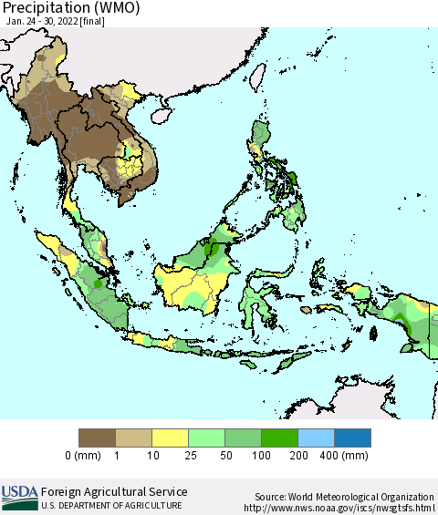 South East Asia Precipitation (WMO) Thematic Map For 1/24/2022 - 1/30/2022