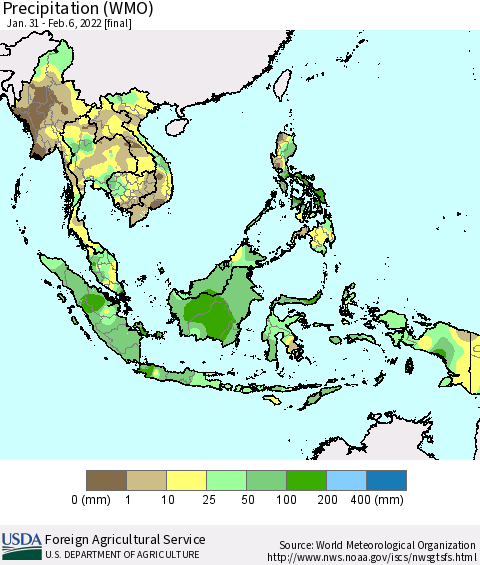 South East Asia Precipitation (WMO) Thematic Map For 1/31/2022 - 2/6/2022
