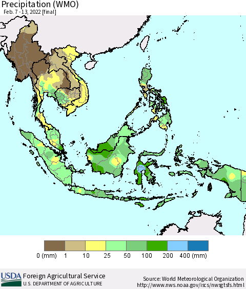 South East Asia Precipitation (WMO) Thematic Map For 2/7/2022 - 2/13/2022