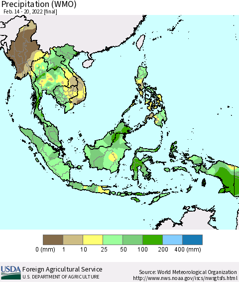 South East Asia Precipitation (WMO) Thematic Map For 2/14/2022 - 2/20/2022