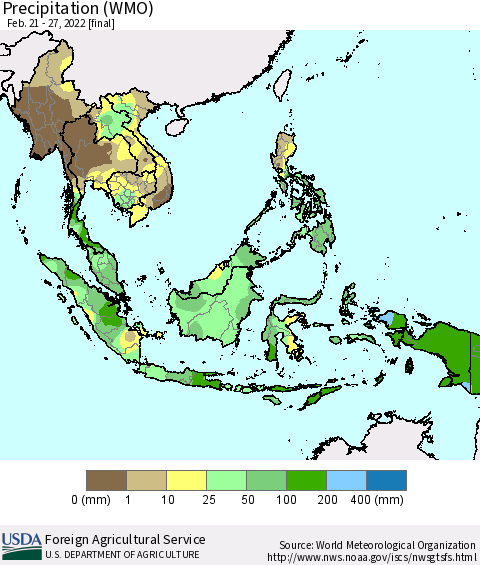 South East Asia Precipitation (WMO) Thematic Map For 2/21/2022 - 2/27/2022