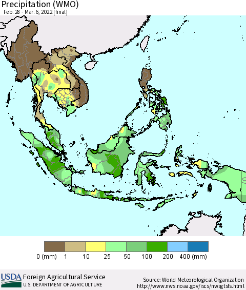 South East Asia Precipitation (WMO) Thematic Map For 2/28/2022 - 3/6/2022