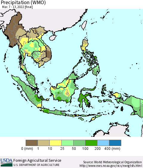 South East Asia Precipitation (WMO) Thematic Map For 3/7/2022 - 3/13/2022