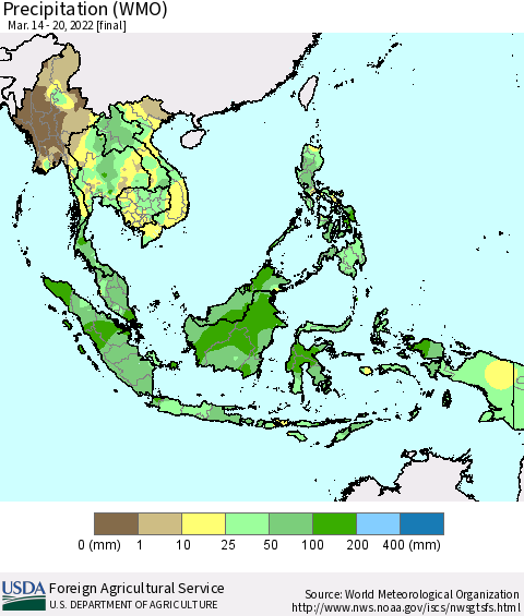 South East Asia Precipitation (WMO) Thematic Map For 3/14/2022 - 3/20/2022