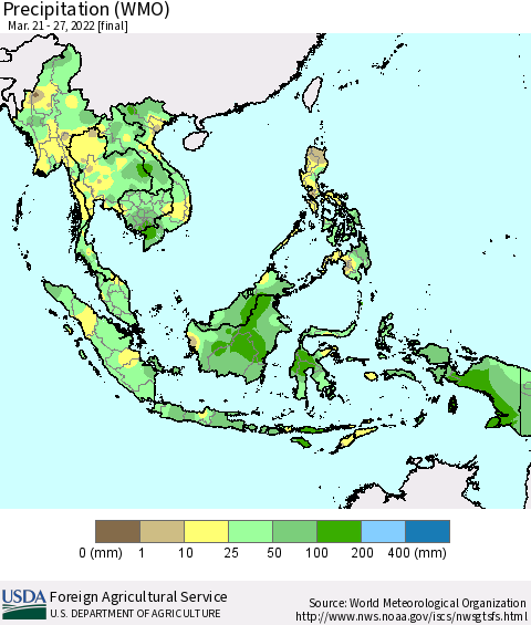 South East Asia Precipitation (WMO) Thematic Map For 3/21/2022 - 3/27/2022