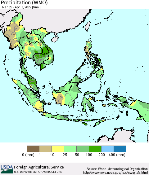 South East Asia Precipitation (WMO) Thematic Map For 3/28/2022 - 4/3/2022