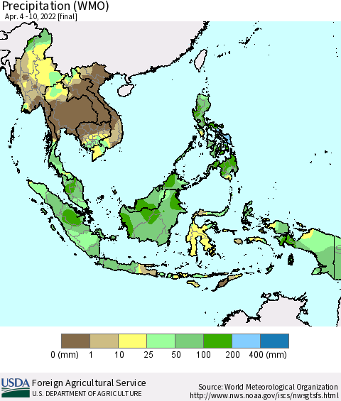 South East Asia Precipitation (WMO) Thematic Map For 4/4/2022 - 4/10/2022