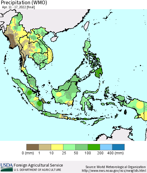 South East Asia Precipitation (WMO) Thematic Map For 4/11/2022 - 4/17/2022