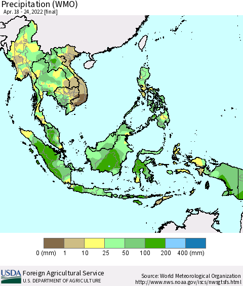 South East Asia Precipitation (WMO) Thematic Map For 4/18/2022 - 4/24/2022
