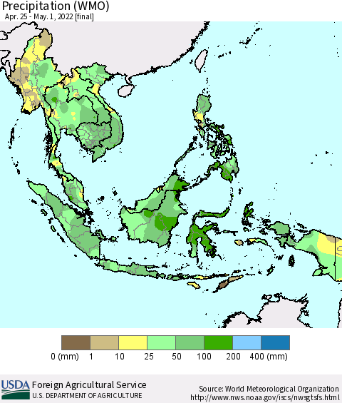 South East Asia Precipitation (WMO) Thematic Map For 4/25/2022 - 5/1/2022