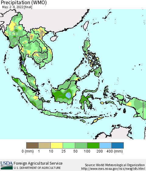 South East Asia Precipitation (WMO) Thematic Map For 5/2/2022 - 5/8/2022
